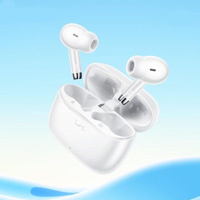 Wireless Bluetooth earbuds with charging case for stylish listening experience.