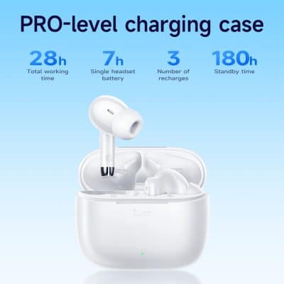 Wireless white Bluetooth earbuds with charging case, showcasing high-quality audio and long battery life. Perfect for on-the-go listening and active lifestyles.