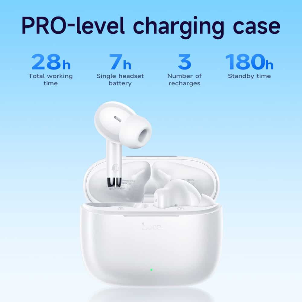 Wireless white Bluetooth earbuds with charging case, showcasing high-quality audio and long battery life. Perfect for on-the-go listening and active lifestyles.