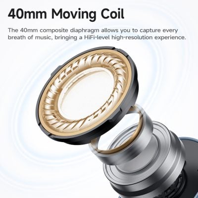 High-resolution 40mm moving coil driver for premium audio experience, perfect for headphones and speakers.