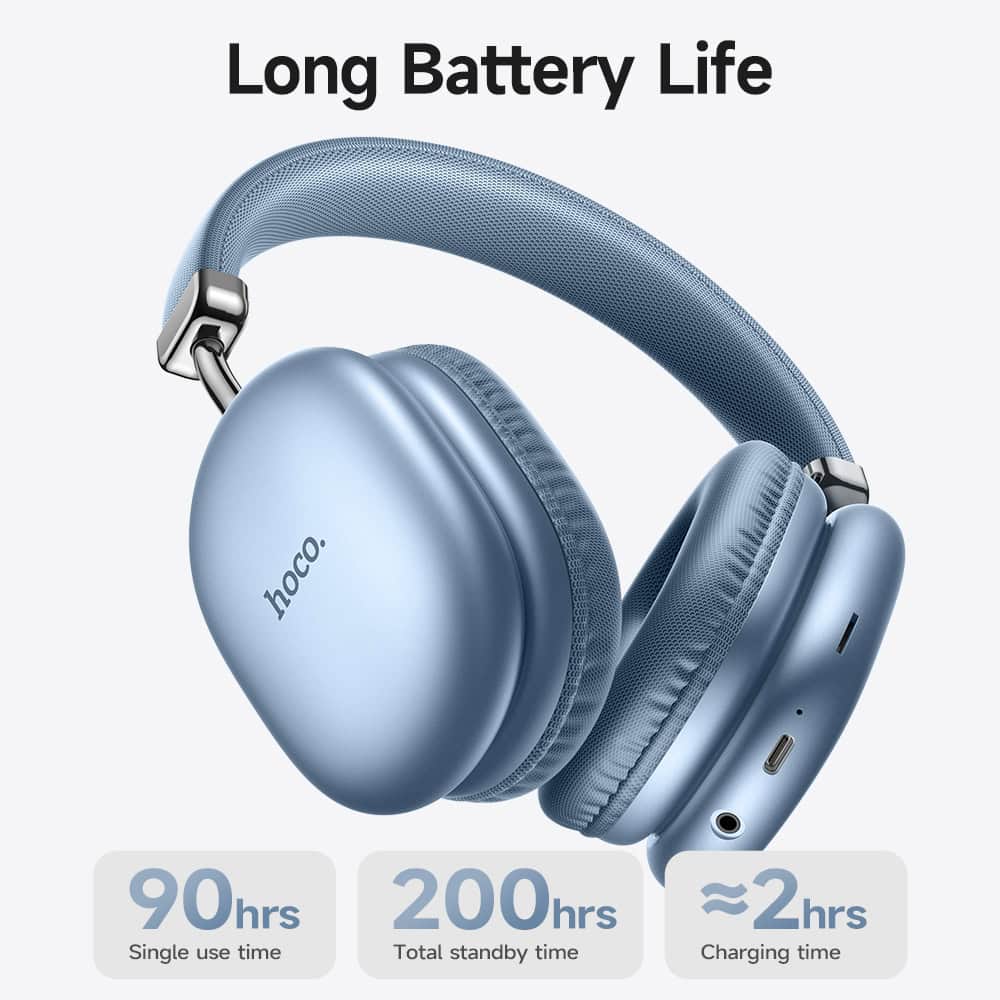 Wireless Bluetooth headphones with long battery life, 90 hours of single use, 200 hours standby, and fast charging ideal for home, travel, and work.