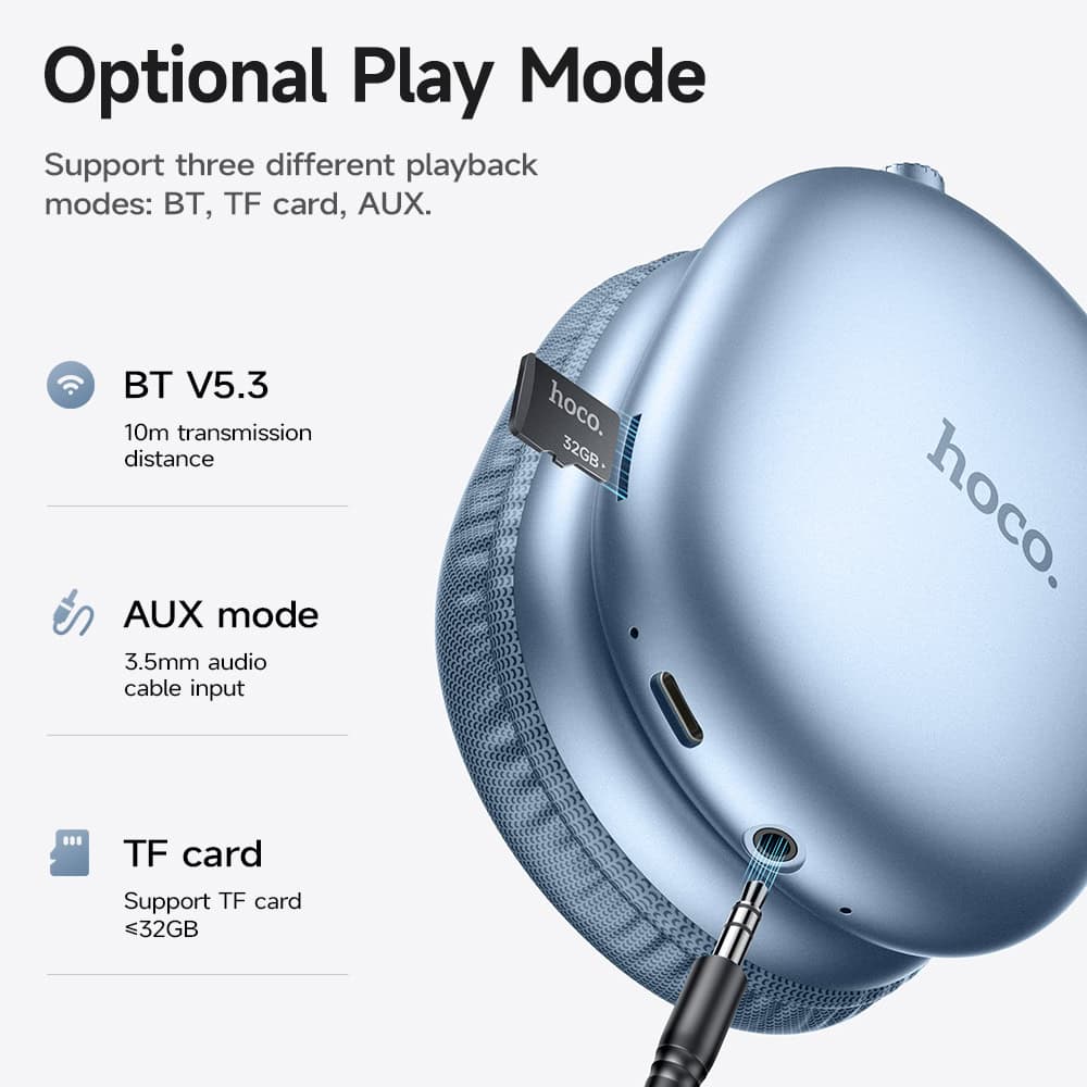 Wireless Bluetooth headphones with TF card and AUX support, 10m transmission range, 32GB TF card compatible, and 3.5mm audio input, ideal for high-quality audio and convenient device connectivity.