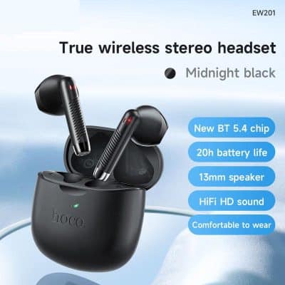 Wireless stereo headset with charging case, black, Bluetooth 5.4 chip, 20-hour battery, 13mm speaker, high-definition sound, ideal for everyday use, trendy audio accessories.