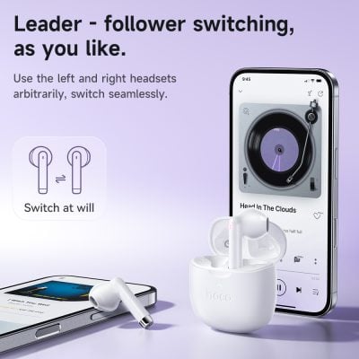 Wireless earbuds with charging case compatible with smartphones, offering seamless switching between devices and high-quality sound for optimal listening experience.