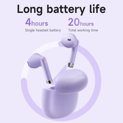 Wireless earbuds with long battery life, 4-hour single use, 20-hour total working time, sleek design, ideal for portable audio solutions.