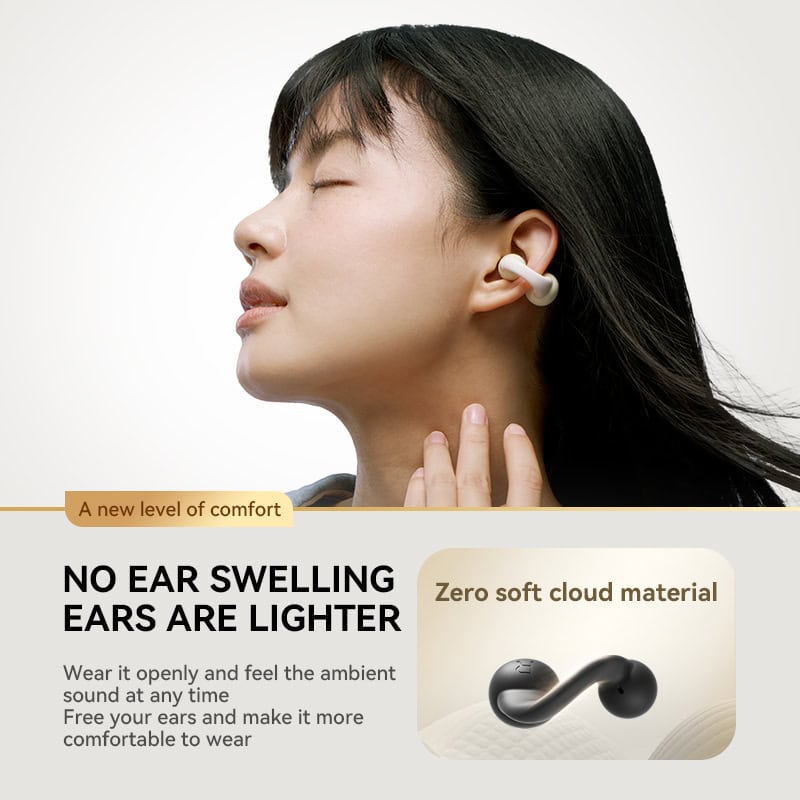 Wireless earbuds, comfortable earphones, lightweight ear gadgets, soft cloud material, no ear swelling, ambient sound, ergonomic design, Monalisa Store opt, modern wireless audio, noise-isolating earphones, premium earbud comfort, stylish wireless earset, high-quality sound, lightweight audio device, ear health friendly, advanced wireless technology, trendy earbud fashion.