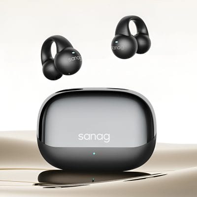 Wireless earbuds and charging case for hearing aids and personal audio sanag brand.