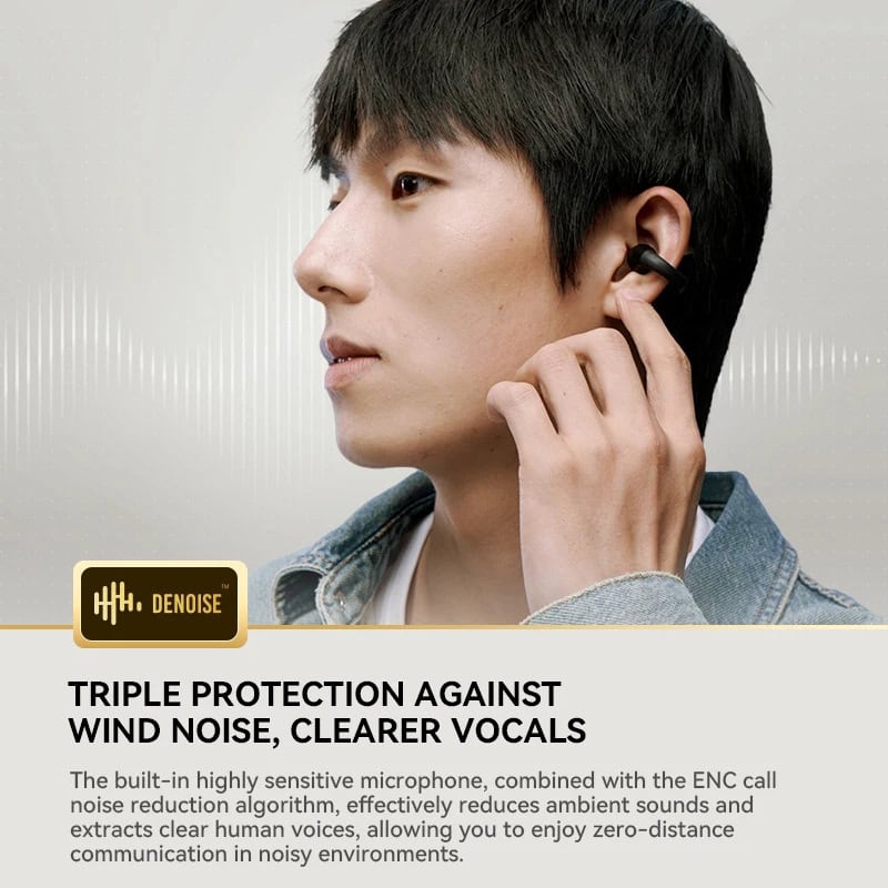 Denoise wireless earbud for noise reduction, clear vocal enhancement, and wind noise protection in stylish design. Perfect for calling and listening in noisy environments.