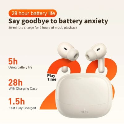 Wireless earbuds with 28-hour battery life, charging case, and quick full charge, perfect for on-the-go music and calls, featured at Monalisa Store.