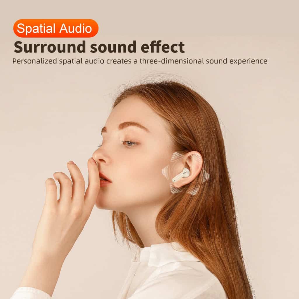 Wireless earbuds promoting surround sound effect for immersive audio experience at Monalisa Store.