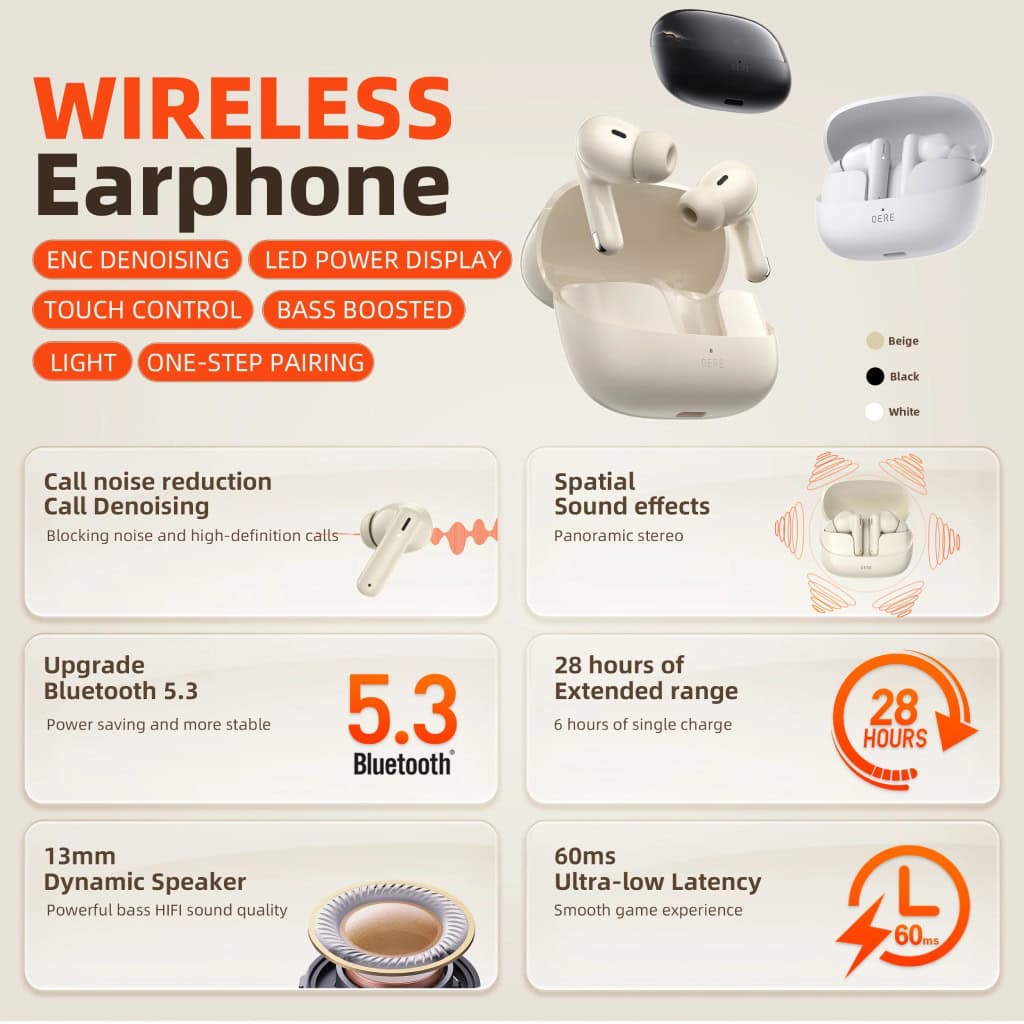 Wireless earphone, true wireless earbuds with noise reduction and Bluetooth 5.3, touchscreen, bass boosted, long battery life, and ergonomic design for premium sound experience.