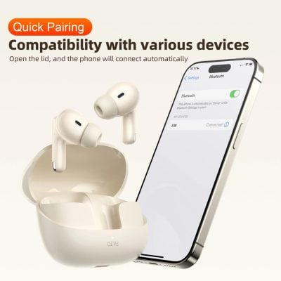 Wireless earbuds with charging case and smartphone showing Bluetooth connectivity, suitable for portable audio devices and compatible with various digital gadgets.