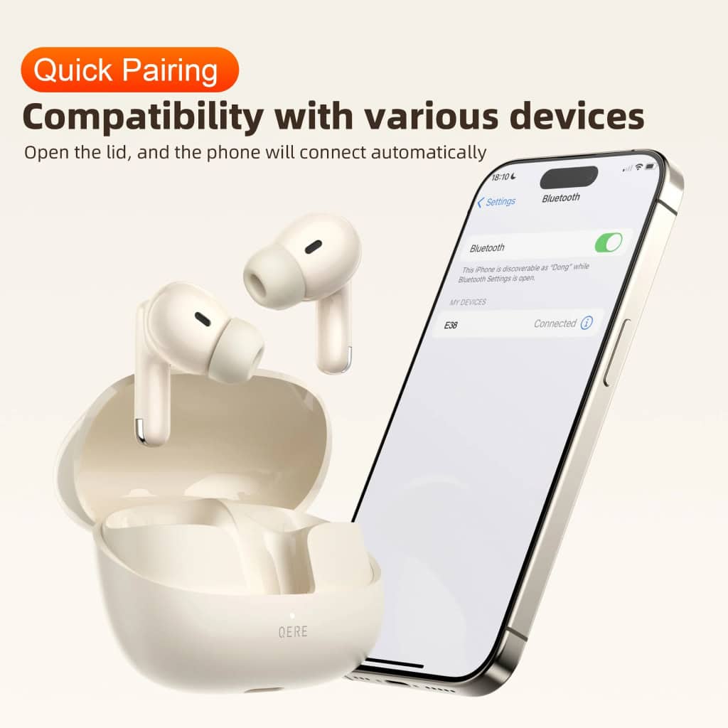 Wireless earbuds with charging case and smartphone showing Bluetooth connectivity, suitable for portable audio devices and compatible with various digital gadgets.