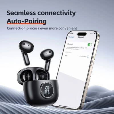 Wireless earbuds with charging case and smartphone with Bluetooth connection, showcasing modern audio technology for optimal listening.