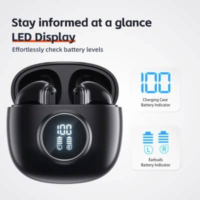 Wireless earbuds charging case with LED display, digital battery indicator, and easy battery level check; perfect for portable audio devices.