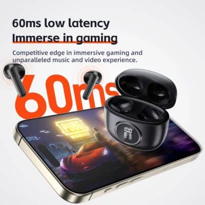 Wireless earbuds with charging case for immersive gaming and audio on a smartphone.