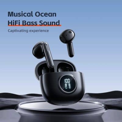 Wireless earbuds with digital display, black compact charging case, HiFi bass sound, modern audio technology, lying on a surface, showcasing premium earbuds for music enthusiasts.