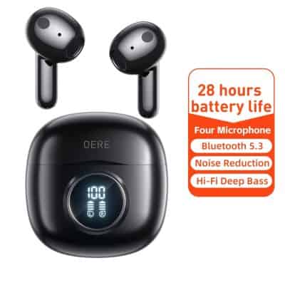Wireless earbuds with charging case, Bluetooth 5.3, noise reduction, and 28-hour battery life for high-quality audio and deep bass.