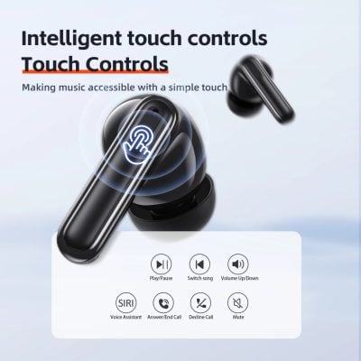 Wireless earbuds with touch controls for music and calls, featuring voice assistance and volume adjustment, ideal for portable audio solutions, available at Monalisa Medical Store.