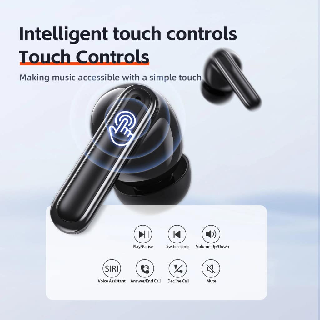 Wireless earbuds with touch controls for music and calls, featuring voice assistance and volume adjustment, ideal for portable audio solutions, available at Monalisa Medical Store.
