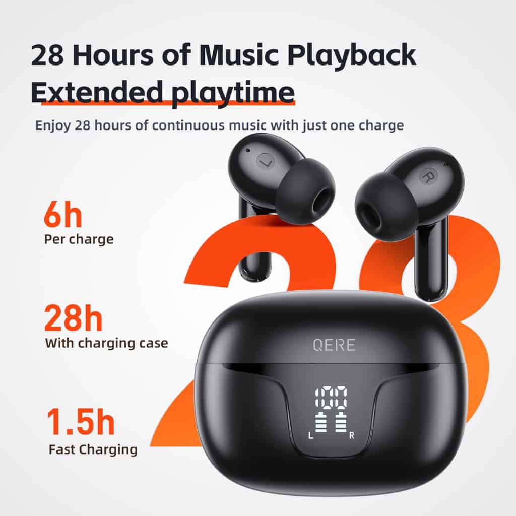 Wireless Bluetooth earbuds with charging case, offering 28 hours of extended music playback, quick 1.5-hour charge, and 6-hour listening time per charge. Perfect for enjoying long-duration music on-the-go.