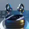 Wireless Bluetooth earbuds in black and gold with digital display on charging case, modern tech accessories, high-quality audio devices, and trendy wireless earphones for music lovers.