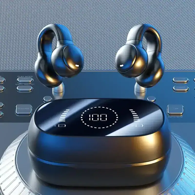 Wireless Bluetooth earbuds in black and gold with digital display on charging case, modern tech accessories, high-quality audio devices, and trendy wireless earphones for music lovers.