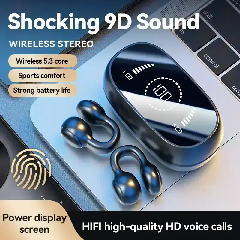 Wireless earbuds and charging case with digital display for clear audio and comfortable fit.