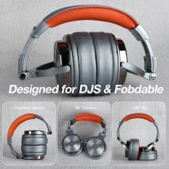 Headphones with foldable design, 90-degree rotation, and 180-degree flip, ideal for DJs and audio enthusiasts.