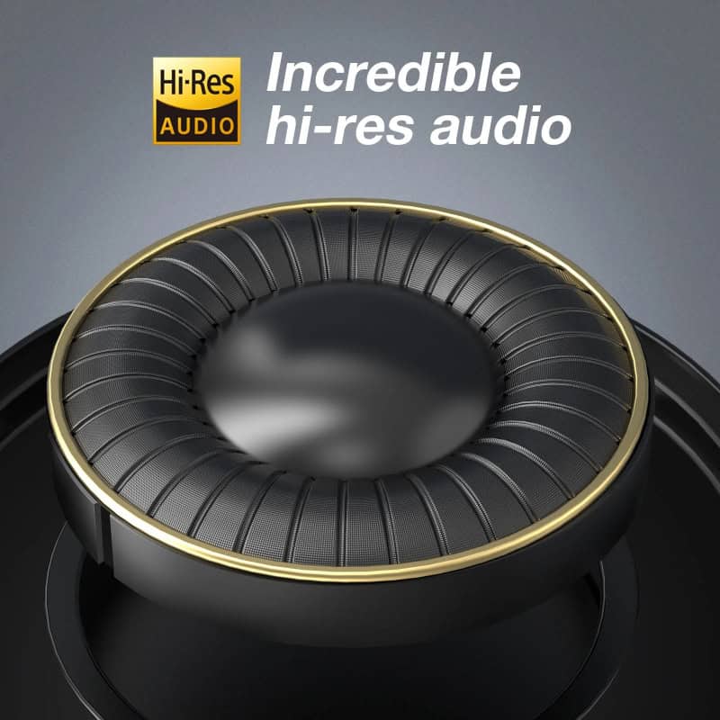 Hi-res audio headphones with premium sound quality and sleek black and gold design for immersive listening experiences at Monalisa Medical Store.