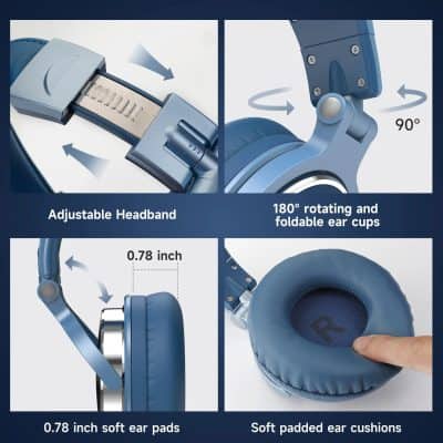 Foldable headphones with adjustable headband and soft ear cushions, ideal for comfortable listening, featuring 180-degree rotating ear cups and 0.78 inch soft ear pads for enhanced comfort.