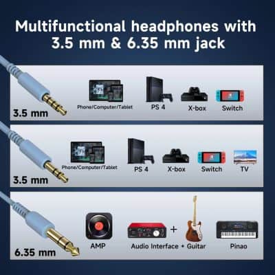 3. High-quality multifunctional headphones compatible with smartphones, computers, tablets, PlayStation 4, Xbox, Nintendo Switch, TV, and musical instruments, featuring 3.5mm and 6.35mm jacks for versatile audio needs.
