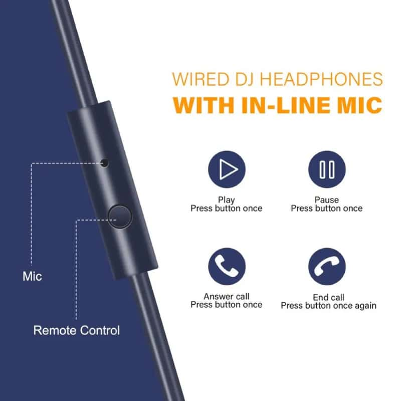 Wired DJ headphones with in-line microphone and remote control for seamless audio management and hands-free calls.