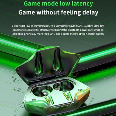 Wireless gaming earbuds with low latency for seamless gameplay and long battery life, perfect for mobile gamers.