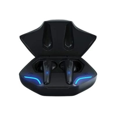 Wireless earbuds charging case with blue LED lights, compact and sleek black design, ideal for portable audio listening and premium sound quality, modern tech accessory for music lovers.