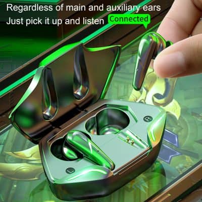 Wireless earbud case with connected earbuds, modern design, sleek metallic finish, ideal for audio and communication needs. Perfect for style and comfort in everyday use.