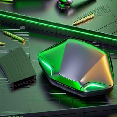 Serverless AI hardware components on a circuit board, futuristic technology, green and metallic tones.