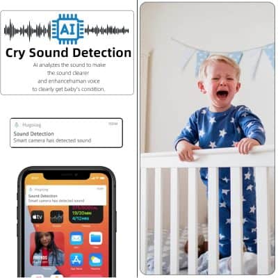 AI cry sound detection alert for infants and babies in nursery, with smart camera security features to monitor child's health and safety at Monalisa Store.