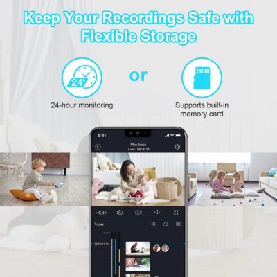 HD security camera with 24-hour monitoring and built-in memory card support for reliable home surveillance.