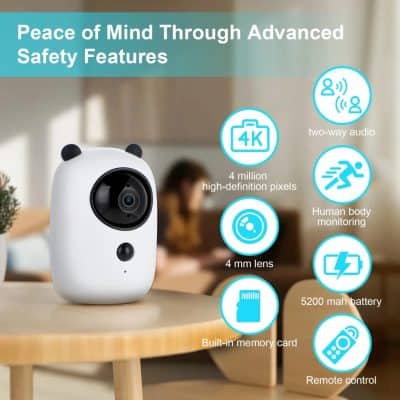 Cute panda-shaped security camera with 4K high-definition pixels and two-way audio, featuring human body monitoring, 5200mAh battery, built-in memory card, and remote control for enhanced home safety and surveillance.