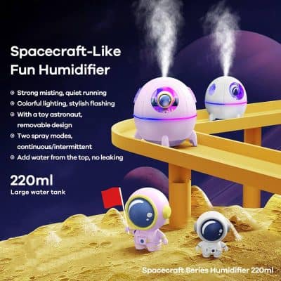 Spacecraft-like humidifier, kids spaceship humidifier, space-themed air humidifier, stylish kids humidifier with removable astronaut toy, colorful lighting, large 220ml water tank.