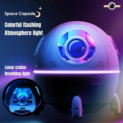 Space capsule optical eyeglasses storage case with colorful flashing atmosphere light, innovative design for stylish eyewear organization and protection, perfect for modern optical shop displays.