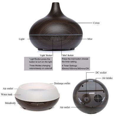 Aromatherapy diffuser with adjustable mist and light settings, featuring a sleek wood grain design, water tank, drainage outlet, and multiple timer options for home and spa relaxation.