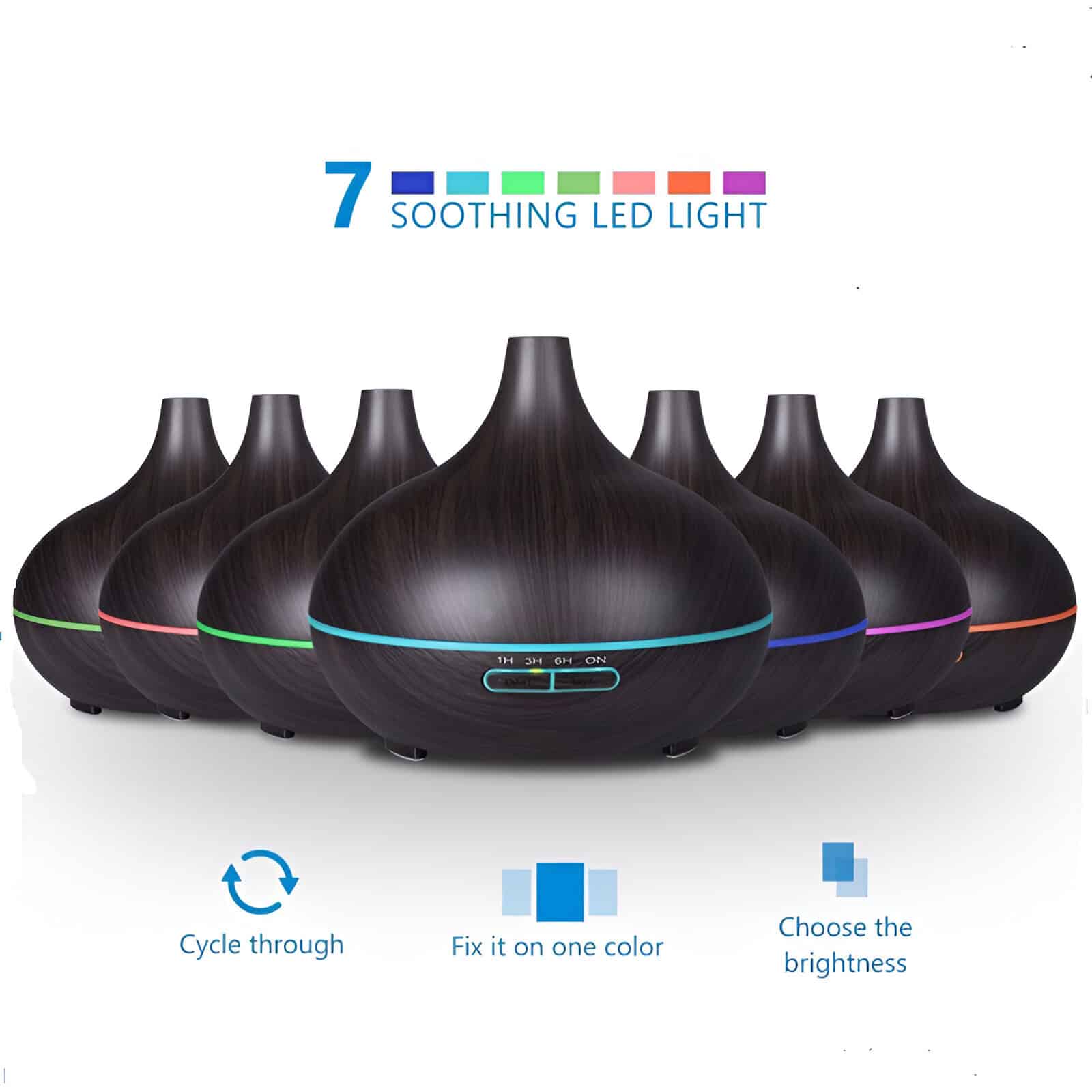 7 soothing LED diffuser lamps for home aromatherapy and relaxation, featuring customizable light colors and brightness levels for a calming environment.