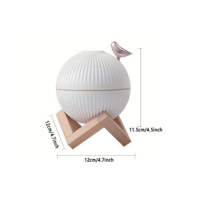 Decorative white spherical diffuser with wooden stand, ideal for home or office ambiance, featuring elegant modern design, perfect for essential oils or aromatherapy, size 12cm x 12cm x 11.5cm.