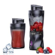 Blender with fresh berries and ice, Monalisa Store, modern fruit blender for smoothies and shakes, sleek black design for healthy drinks, ideal for home or commercial use in healthy lifestyle kitchens.