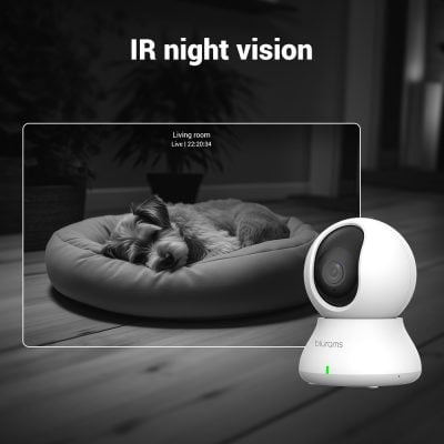 Wireless security camera for home monitoring, indoor surveillance, and pet safety with night vision for clear video in low light conditions.