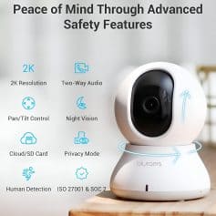 2. compact security camera with advanced safety features for home or office monitoring, including night vision and two-way audio.