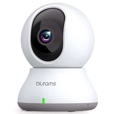 Compact smart security camera with pan, tilt, and night vision features for home and business surveillance.
