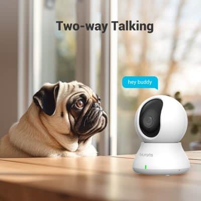 - Compact pet camera with two-way audio for monitoring and communicating with pets from anywhere.